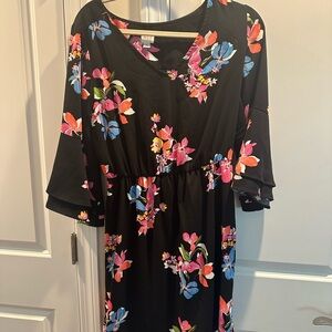 Bell Sleeve Floral Black Dress with Colorful Blooms
